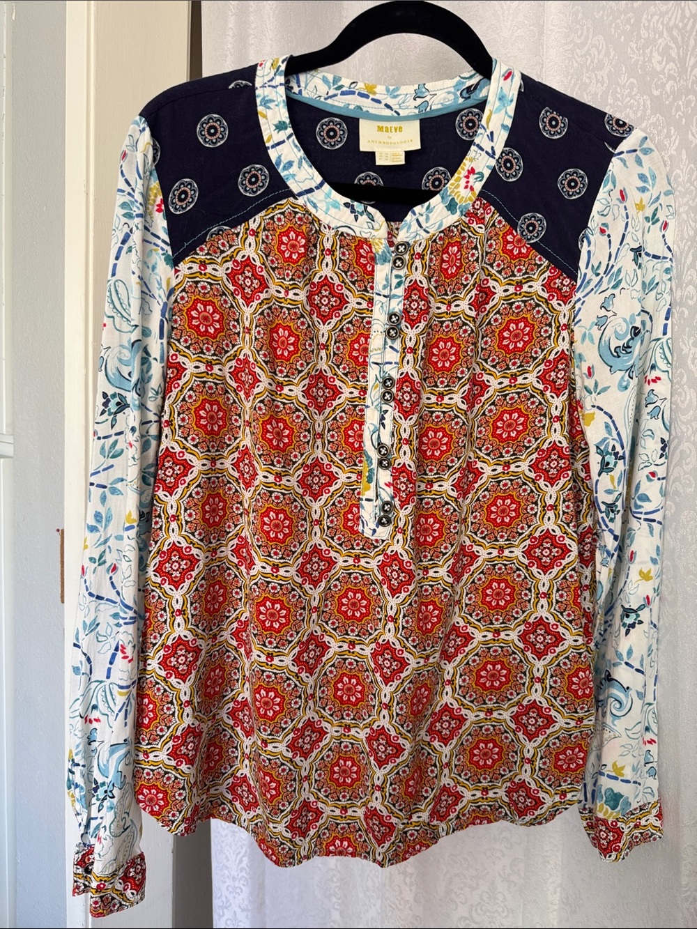 MAEVE Mosaic Mixed-Print Henley Long-Sleeve Top Sz: 10